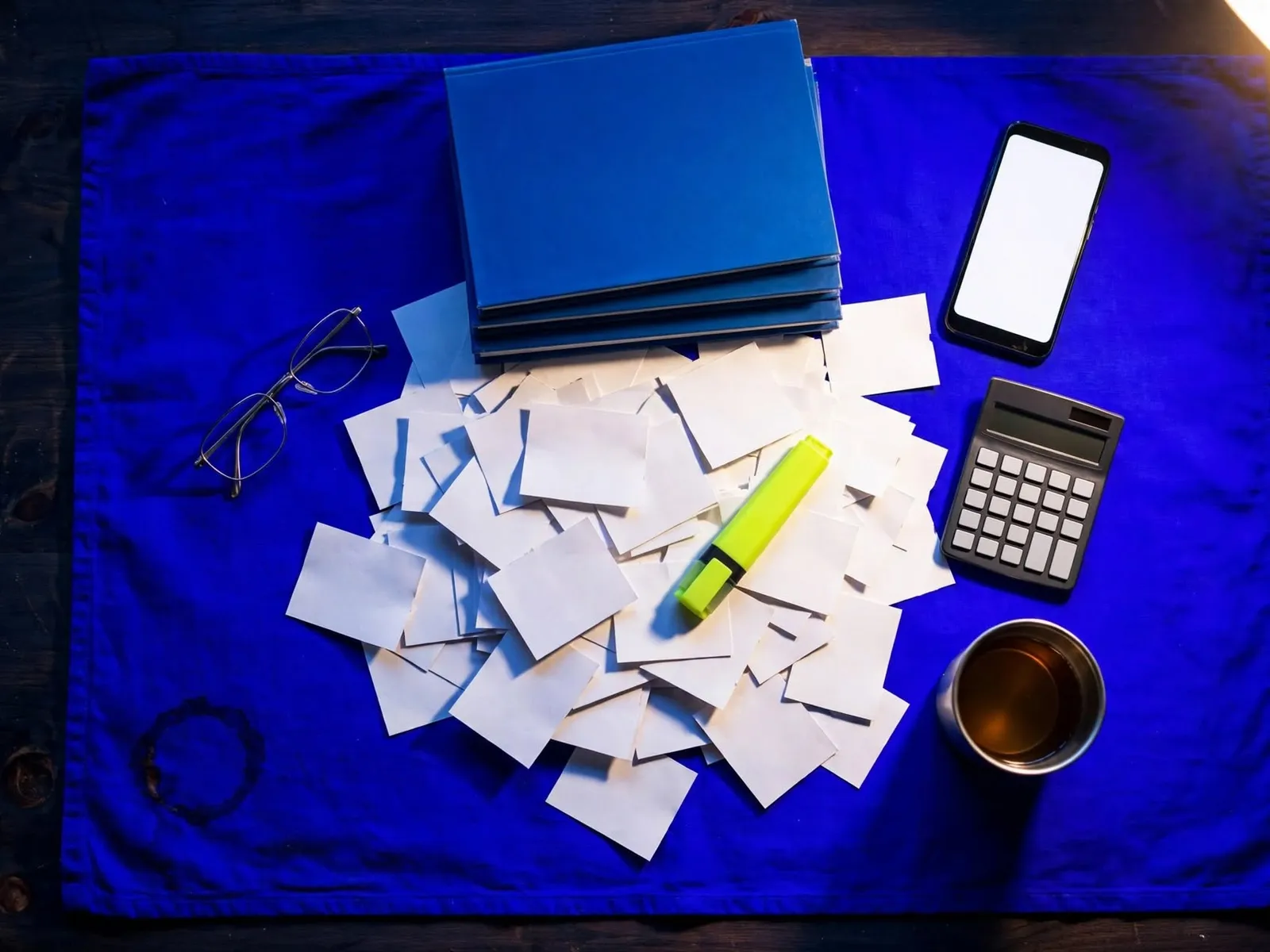 A teacher's desk buried in bank slips, exercise books and a phone full of unread class messages