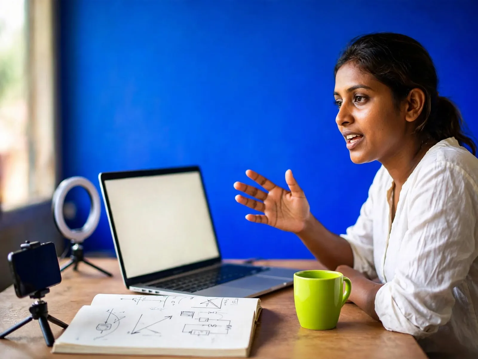 Sri Lankan tuition teacher recording an online lesson at her desk with a laptop and ring light